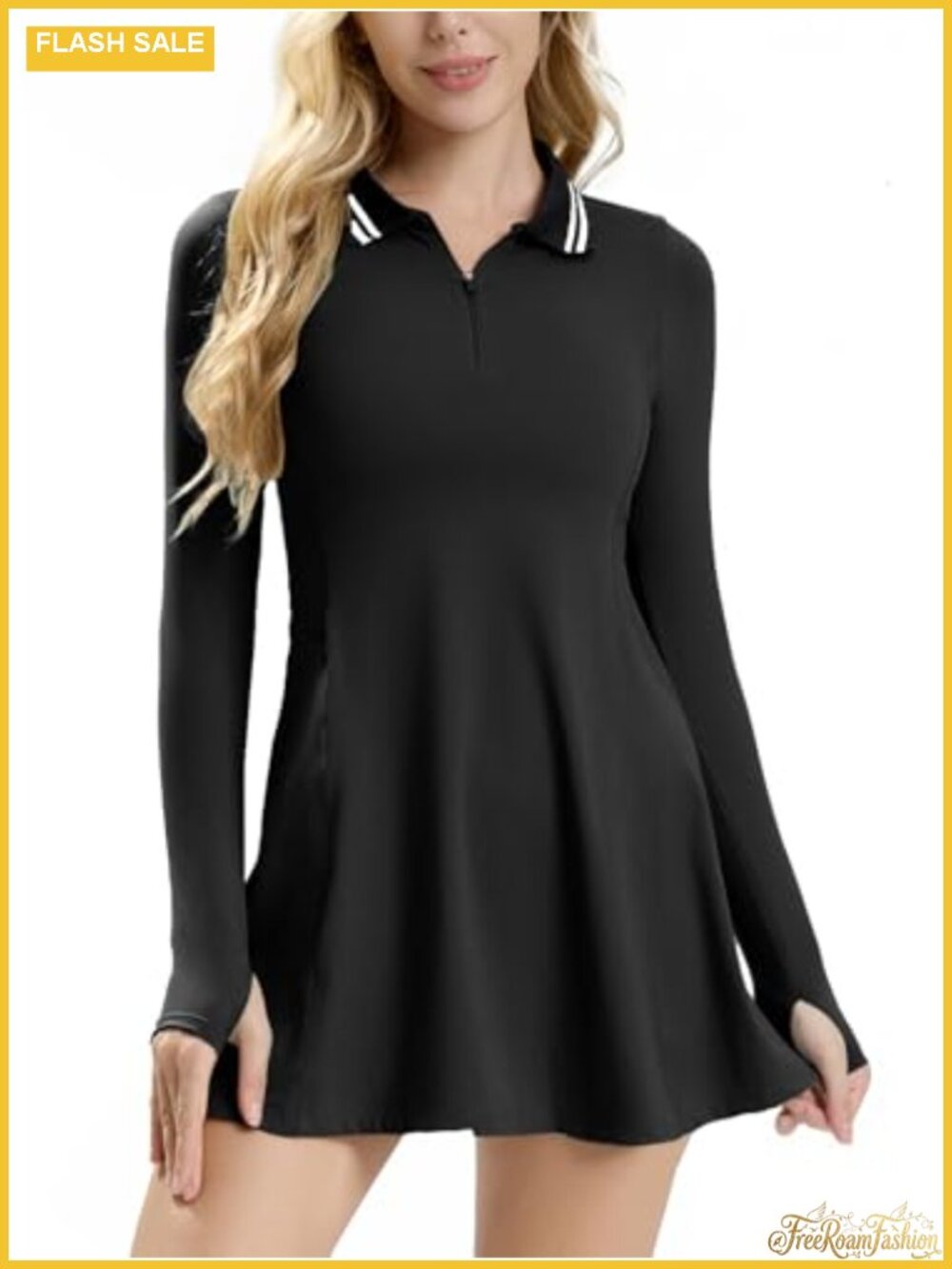 Long Sleeve Tennis Dress with Shorts & Thumbholes, Athletic Golf Polo Dress